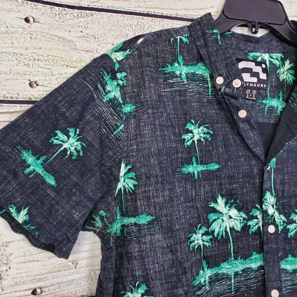 BKLYNSURF Men’s Button Up Shirt Large Black Green Palm Tree Print Short Sleeve 1 - Picture 2 of 7
